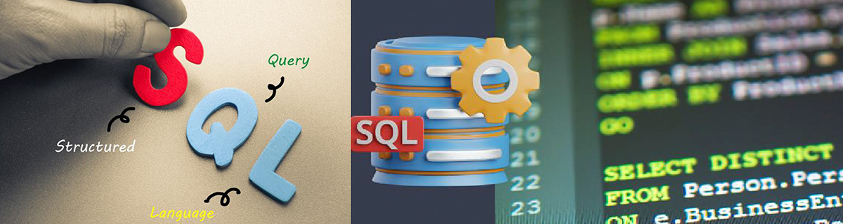 SQL graphic with code, database icon and SQL spelled out